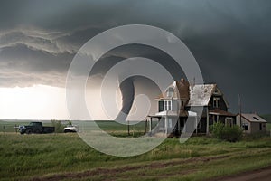 tornado barreling toward farmhouse, with stormchaser in pursuit