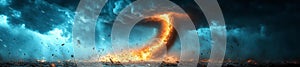 A dramatic fiery tornado in a stormy sky with flying debris and swirling chaos