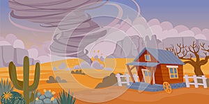 Tornado in desert. Cartoon sand storm natural disaster, desert landscape with old rustic house and air funnel. Vector