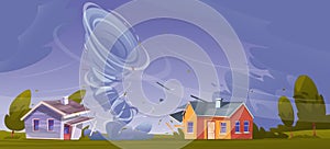 Tornado destroys houses. Natural catastrophe. Strong disaster. Destructive swirling wind. Force majeure circumstances
