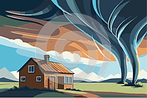 Tornado in the field, hurricane near houses, hurricane vector illustration