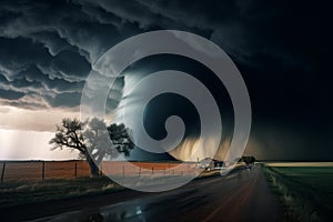 Tornado in a field in the USA with car on road in field under stormy dark sky