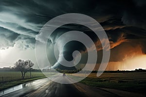 Tornado in a field in the USA with car on road in field under stormy dark sky