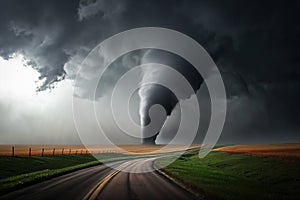 Tornado in a field in the USA with road in field under stormy dark sky