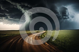 Tornado in a field in the USA with road in field under stormy dark sky