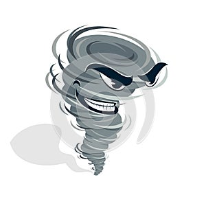 Tornado with funny cartoon angry sneering face vector 3d illustration isolated on white. photo