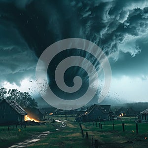 Tornado havoc, dark cloud looms, village swept, destruction unfolds