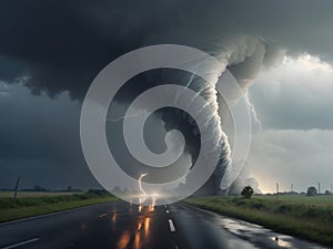 Tornado heavy storm over the road. Generative ai