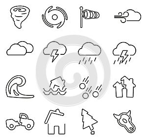 Tornádo nebo hurikán nebo bouře ikony tenký linka vektor ilustrace sada 