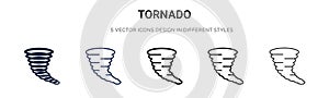 Tornado icon in filled, thin line, outline and stroke style. Vector illustration of two colored and black tornado vector icons