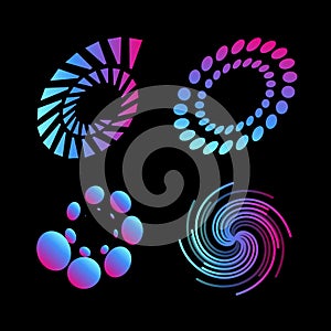 Tornado icons. Twisting funnel logo collection. Galaxy, universe vector illustration. Abstract circular symbols set.