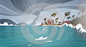 Tornado Incoming From Sea Hurricane In Ocean Huge Waves On Houses On Coast Tropical Natural Disaster Concept