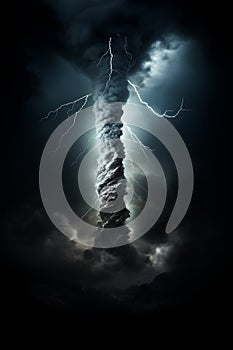 tornado with lightning in darkstorm sky.