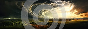 A tornado with lightning struck the fields at sunset, close-up of the hurricane. Generative AI