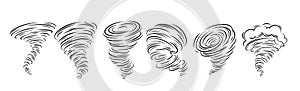 Tornado line icons set, spiral whirlwind and hurricane with speed whirls and funnels