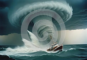 tornado the middle of the ocean with a drifting boat