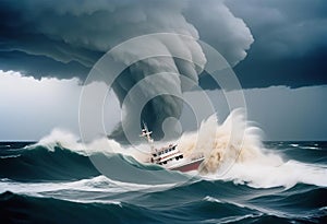 tornado the middle of the ocean with a drifting boat