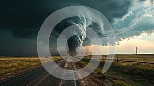 Tornado over a rural road amidst dark stormy skies