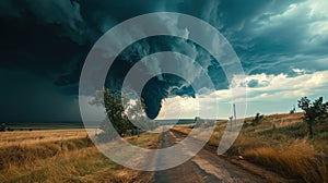 Tornado over a rural road amidst dark stormy skies