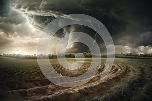 Tornado rages through a field. Illustration AI Generative