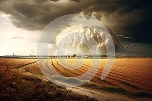 Tornado rages through a field. Illustration AI Generative