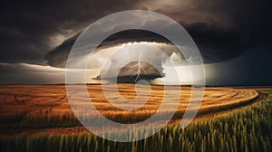 Tornado rages through a field. Illustration AI Generative