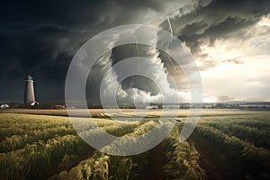 Tornado rages through a field. Illustration AI Generative