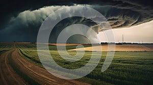 Tornado rages through a field. Illustration AI Generative