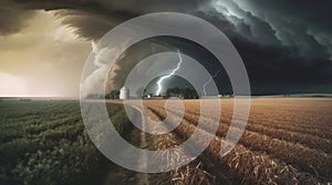 Tornado rages through a field. Illustration AI Generative