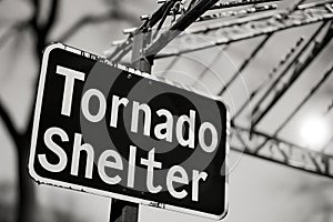 Tornado shelter sign, black and white photo