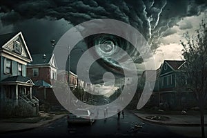 Tornado storm hits city, strange hurricane twister destroying houses, generative AI