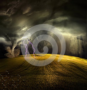 Tornado in stormy landscape