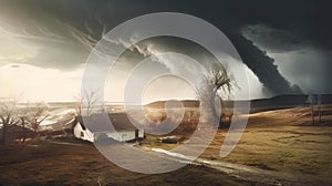 Tornado In Stormy Landscape - Climate Change And Natural Disaster Concept