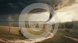Tornado In Stormy Landscape - Climate Change And Natural Disaster Concept