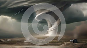 Tornado In Stormy Landscape - Climate Change And Natural Disaster Concept.