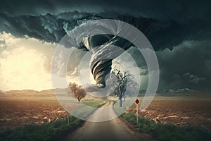 Tornado in stormy landscape. climate change and nature disaster, created with Generative AI technology