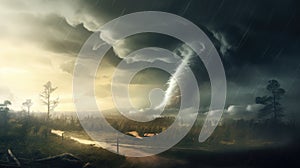 A tornado in a stormy landscape embodies the stark reality, Ai Generated