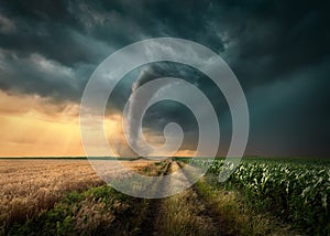 Tornado struck on agricultural fields at sunset