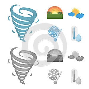 Tornado, sunrise, cloudiness, snow and frost. The weather set collection icons in cartoon,monochrome style vector symbol