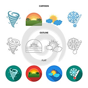 Tornado, sunrise, cloudiness, snow and frost. The weather set collection icons in cartoon,outline,flat style vector