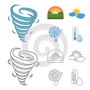 Tornado, sunrise, cloudiness, snow and frost. The weather set collection icons in cartoon,outline style vector symbol