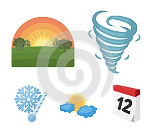 Tornado, sunrise, cloudiness, snow and frost. The weather set collection icons in cartoon style vector symbol stock