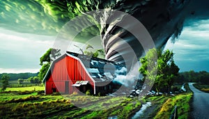 A tornado tearing up an old barn on the farm
