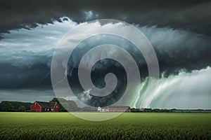 Tornado touching down with lighting strikes and severe weather in a big field