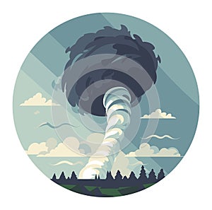 Tornado touching down near trees with dark clouds. Severe weather and natural disaster concept vector illustration