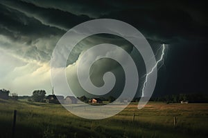 a tornado touching down in an open field under dark clouds