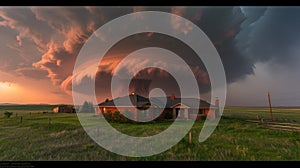 Tornado Touching Down in Rural Plains at Dusk