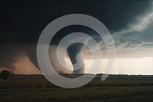 tornado, towering and deadly, with lightning flashing in the sky