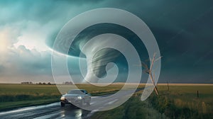 A tornado twister in a field next to a highway causing widespread damage. Generative AI