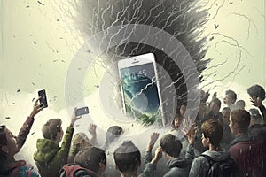 A tornado twisting a group of teenagers who are adoring a giant smartphone like a god or divinity illustration generative ai